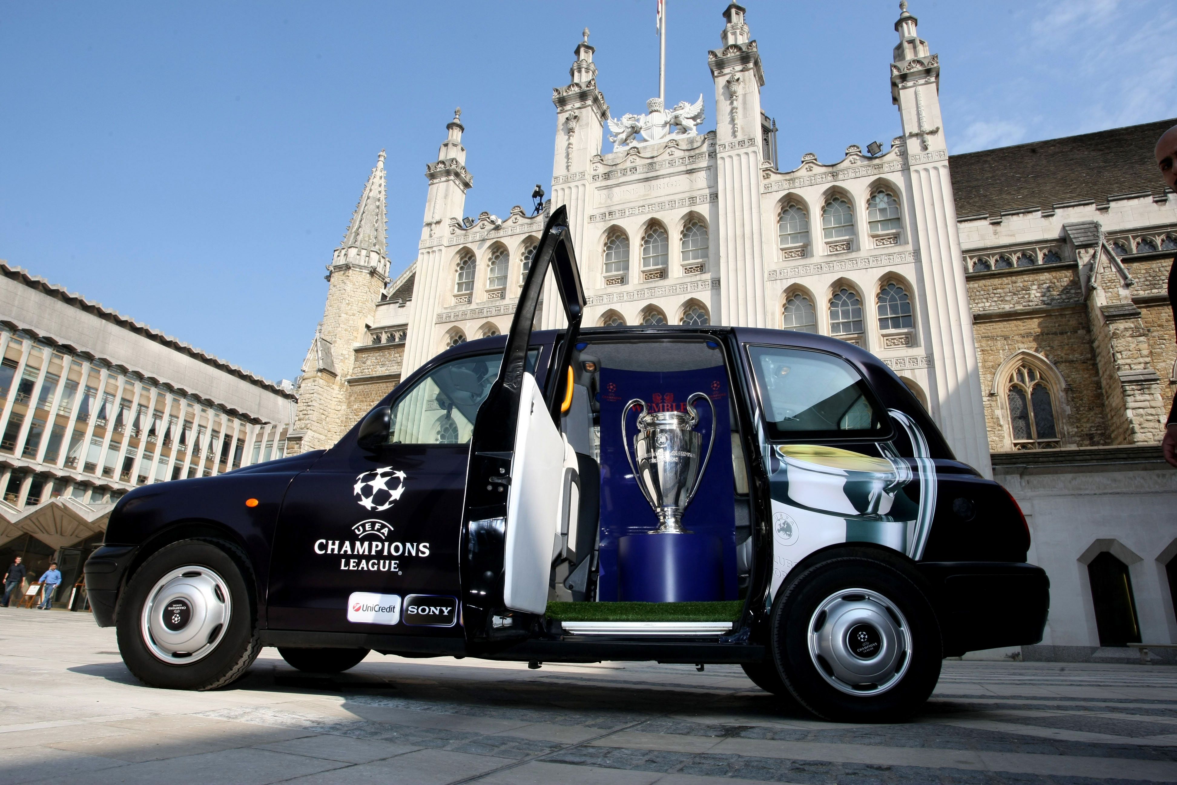 Champions League trophy arrives in a black cab ahead of the final to be played at Wembley stadium